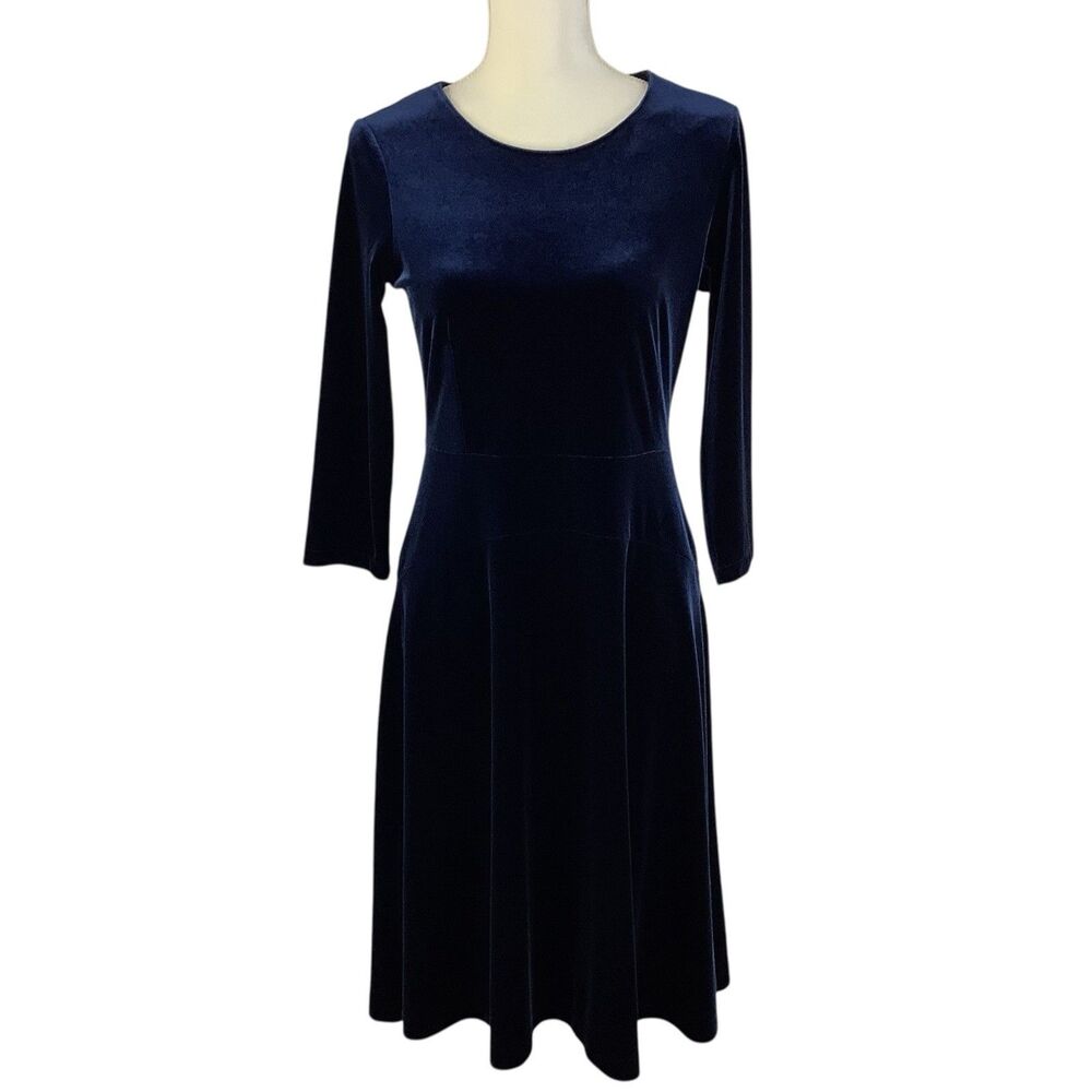 Lands End Women XS Blue Velvet Midi Dress 3/4 Sleeve Party Whimsygoth Fairy